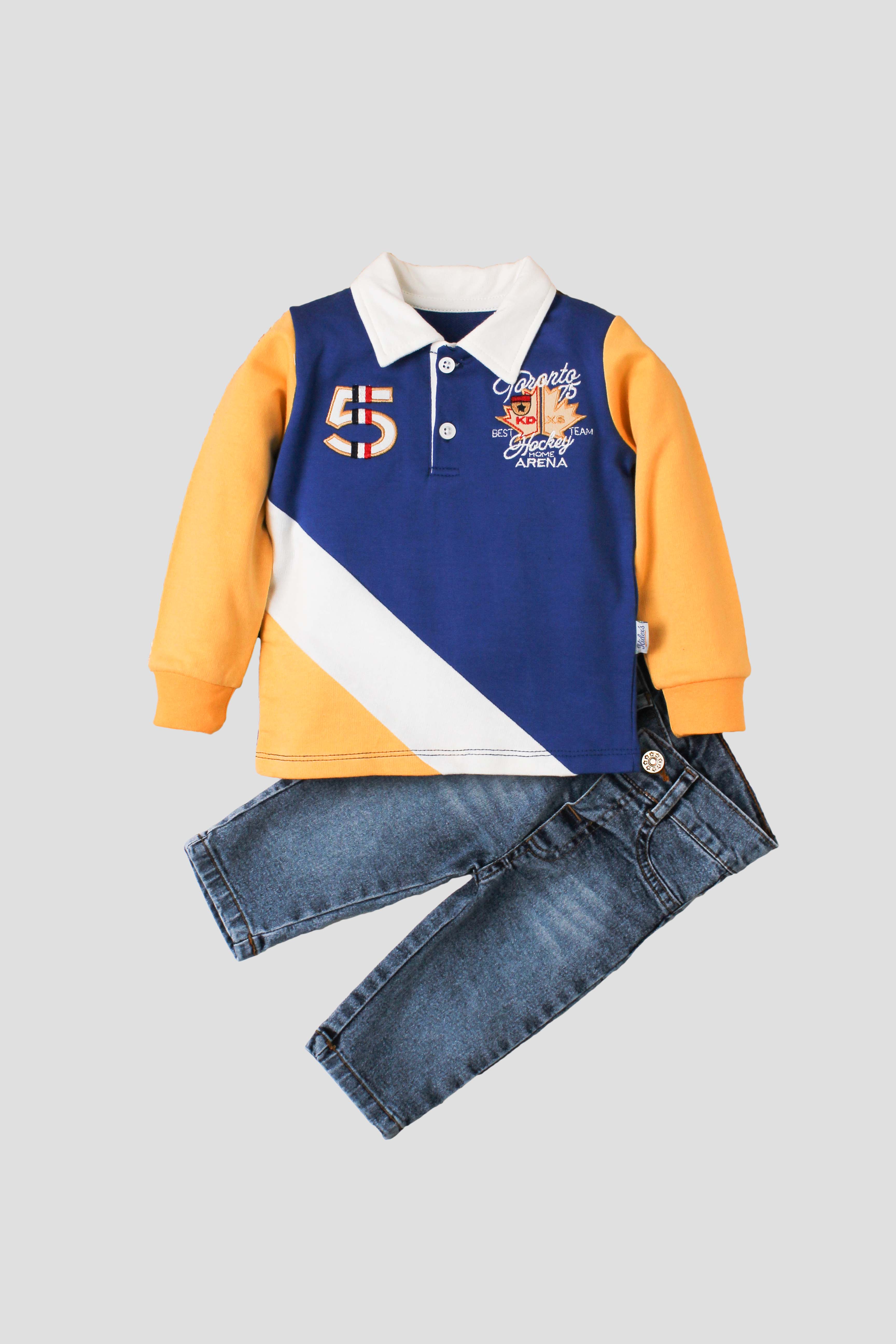 Erkek Bebek Polo Yaka Renkli Sweatshirtlü Kot Pantolonlu 2'li Spor Takım 9 24 Ay